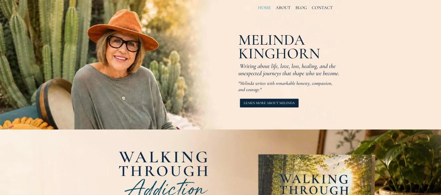 Melinda Kinghorn website: the author's homepage with her portrait among desert cacti and the cover of her memoir Walking Through Addiction